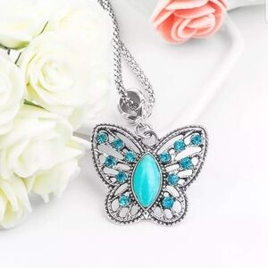 Chic Silver Butterfly Necklace with Turquoise Accents